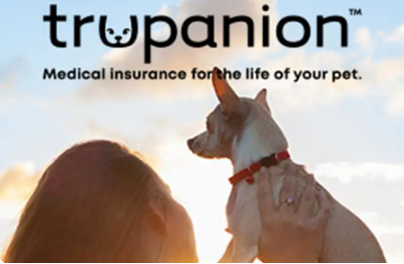 A happy dog and cat playing together with two Trupanion pet insurance cards visible in the foreground.